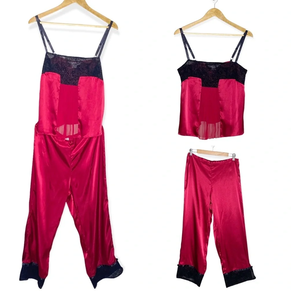 Victoria's Secret Red Black Satin Lace Pajama Cami Pants Set Size Medium